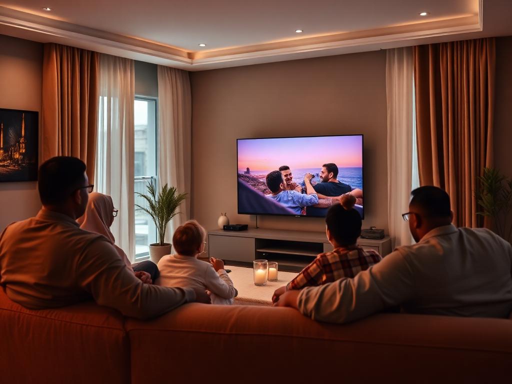 Family watching television together in a warm living room