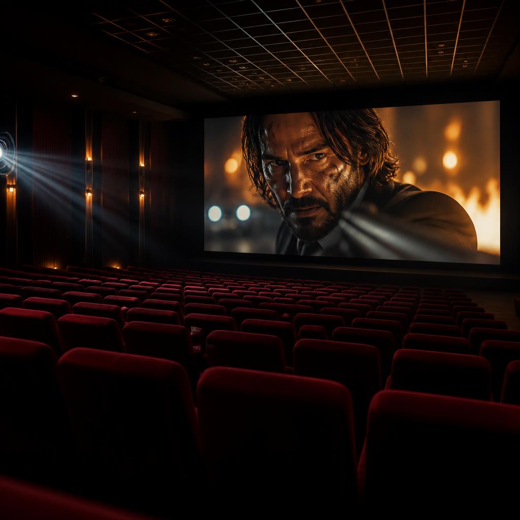 Cinematic movie theatre screen glowing in the dark